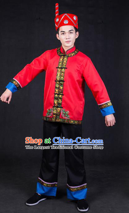 Chinese Traditional Yi Nationality Red Clothing Ethnic Bridegroom Folk Dance Costume for Men