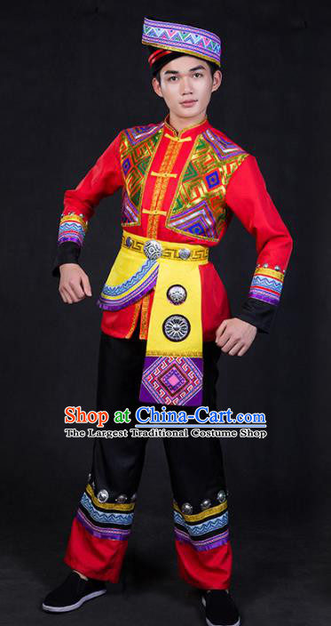 Chinese Traditional Zhuang Nationality Red Clothing Ethnic Festival Folk Dance Costume for Men