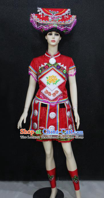 Chinese Traditional Zhuang Nationality Red Dress Ethnic Folk Dance Costume for Women