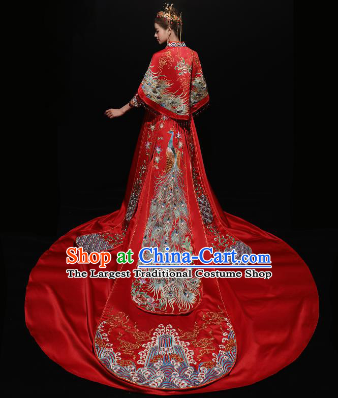 Chinese Traditional Bride Costume Red Xiuhe Suit Ancient Wedding Embroidered Trailing Dress for Women