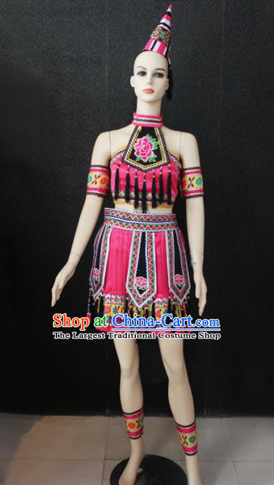 Chinese Traditional Yao Nationality Pink Dress Ethnic Folk Dance Costume for Women