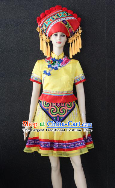 Chinese Traditional Zhuang Nationality Embroidered Yellow Dress Ethnic Folk Dance Costume for Women