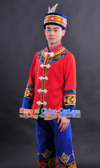 Chinese Traditional Ethnic Red Costume Zhuang Nationality Festival Folk Dance Clothing for Men