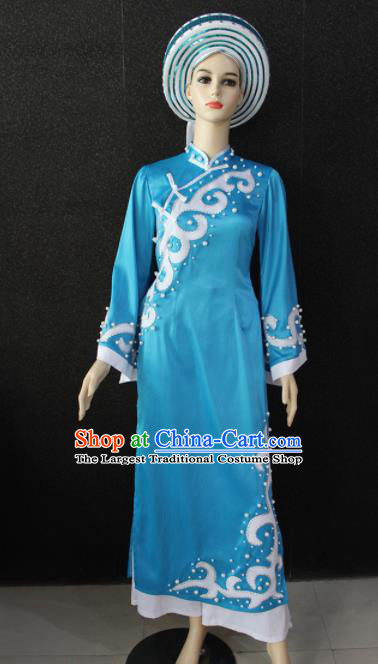 Chinese Traditional Jing Nationality Blue Dress Ethnic Folk Dance Costume for Women