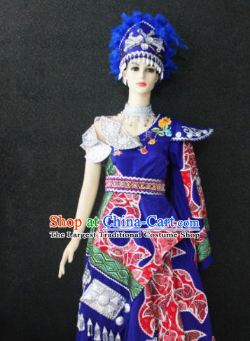 Chinese Traditional Xibe Nationality Wedding Royalblue Dress Ethnic Folk Dance Costume for Women