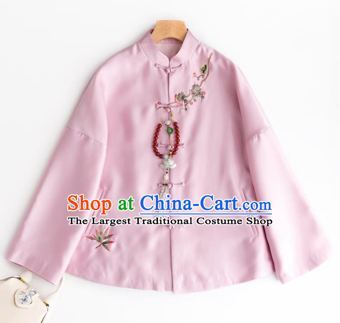 Chinese Traditional National Costume Tang Suit Embroidered Pink Blouse Upper Outer Garment for Women