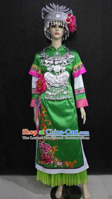 Chinese Traditional Shui Nationality Wedding Green Dress Ethnic Folk Dance Costume for Women