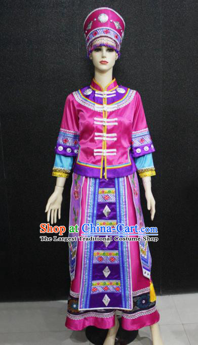 Chinese Traditional Xibe Nationality Rosy Dress Ethnic Folk Dance Costume for Women