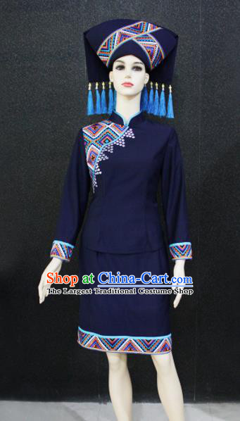 Chinese Traditional Zhuang Nationality Female Navy Clothing Ethnic Folk Dance Costume for Women