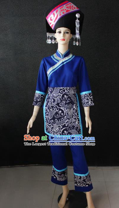 Chinese Traditional Zhuang Nationality Blue Clothing Ethnic Folk Dance Costume for Women