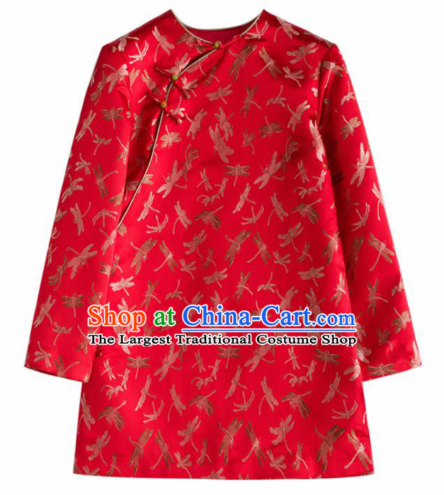 Chinese Traditional National Costume Tang Suit Red Brocade Jacket Upper Outer Garment for Women