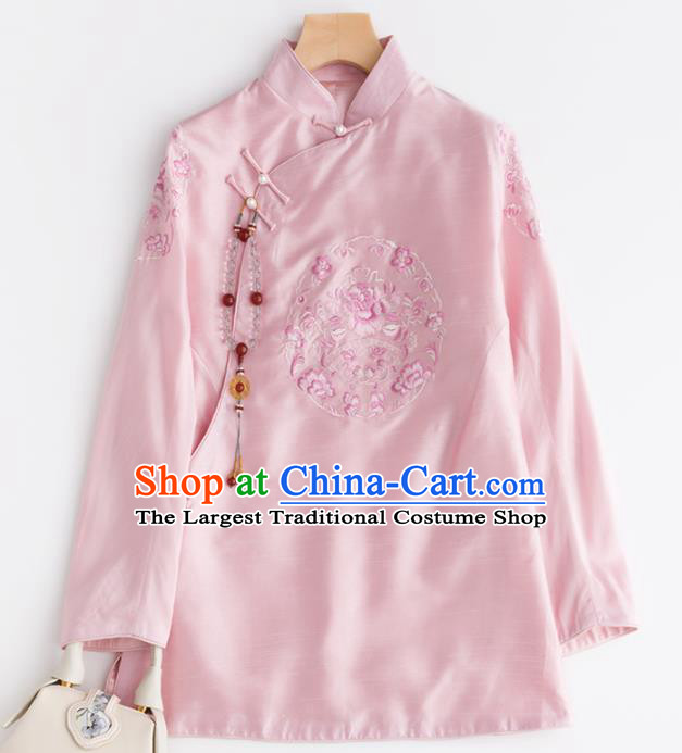 Chinese Traditional National Costume Tang Suit Upper Outer Garment Embroidered Pink Blouse for Women