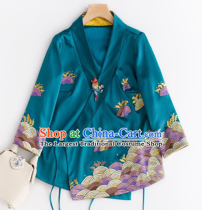 Chinese Traditional National Costume Tang Suit Upper Outer Garment Embroidered Blue Blouse for Women