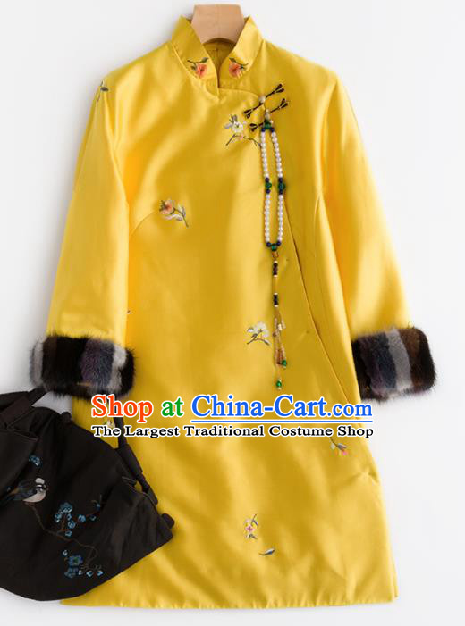 Chinese Traditional National Costume Tang Suit Cheongsam Winter Yellow Qipao Dress for Women