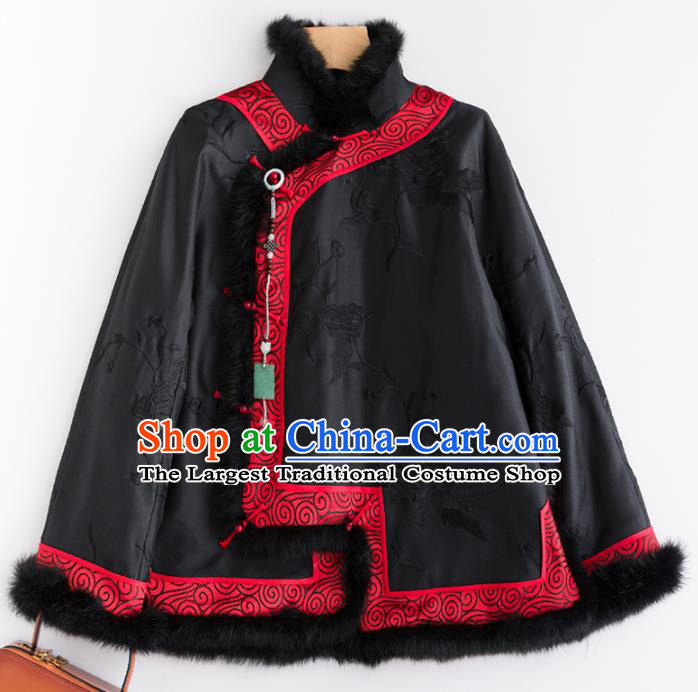 Chinese Traditional Tang Suit Black Cotton Wadded Jacket National Costume Upper Outer Garment for Women