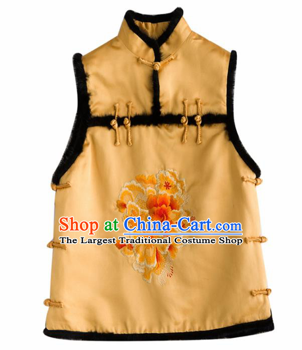 Traditional Chinese National Costume Tang Suit Embroidered Peony Yellow Waistcoat for Women