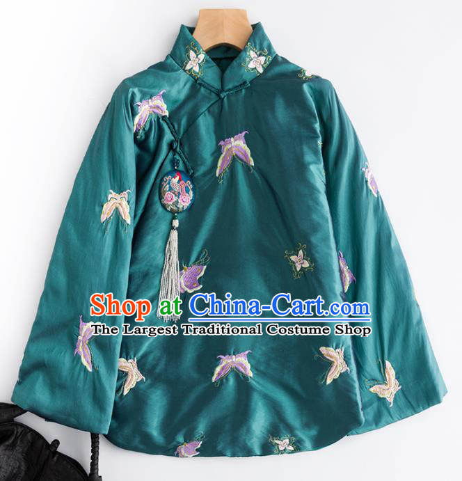 Chinese Traditional Tang Suit Embroidered Butterfly Green Cotton Padded Jacket National Costume Outer Garment for Women