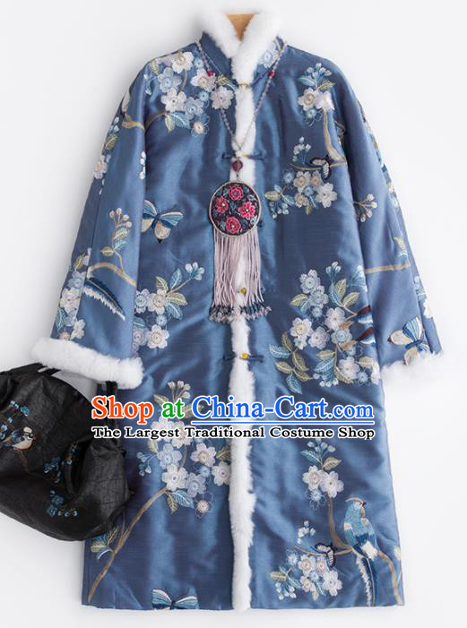 Chinese Traditional Embroidered Costume National Tang Suit Blue Cotton Padded Coat Outer Garment for Women