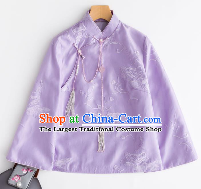 Chinese Traditional National Costume Tang Suit Outer Garment Embroidered Purple Blouse for Women