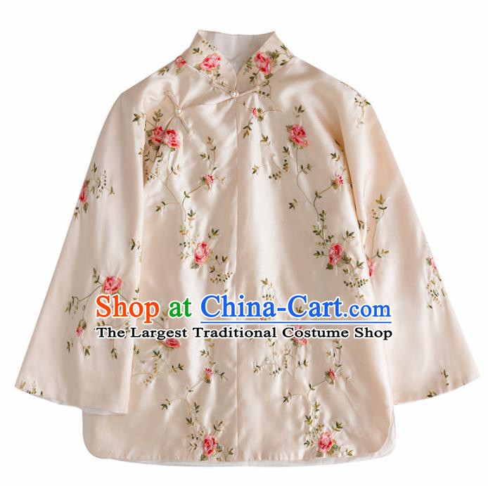 Chinese Traditional National Costume Tang Suit Outer Garment Beige Silk Blouse for Women