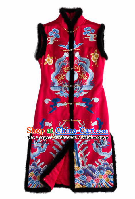 Traditional Chinese National Costume Red Long Vest Tang Suit Waistcoat for Women