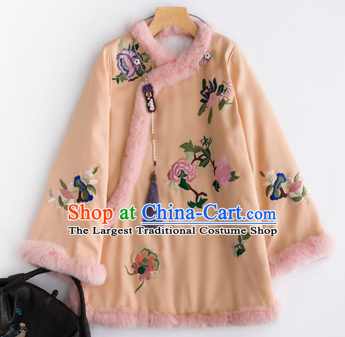 Chinese Traditional Costume National Tang Suit Embroidered Peony Orange Cotton Padded Jacket for Women