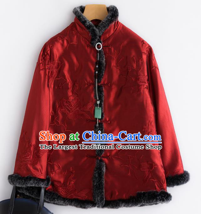 Chinese Traditional National Costume Tang Suit Embroidered Red Cotton Padded Jacket for Women