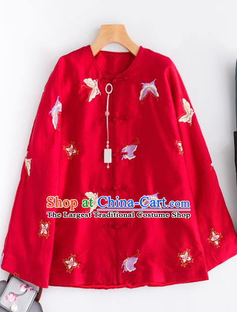 Chinese Traditional Costume National Tang Suit Shirts Embroidered Butterfly Red Blouse for Women