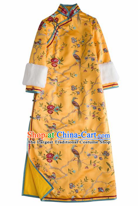 Chinese Traditional National Costume Cheongsam Ancient Qing Dynasty Embroidered Yellow Qipao Dress for Women