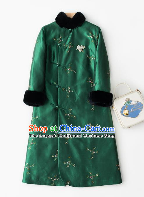 Chinese Traditional Costume National Winter Cheongsam Embroidered Green Qipao Dress for Women