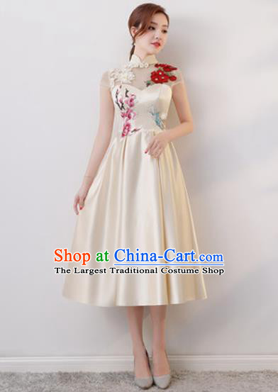 Chinese Traditional National Costume Classical Cheongsam Embroidered White Satin Qipao Dress for Women