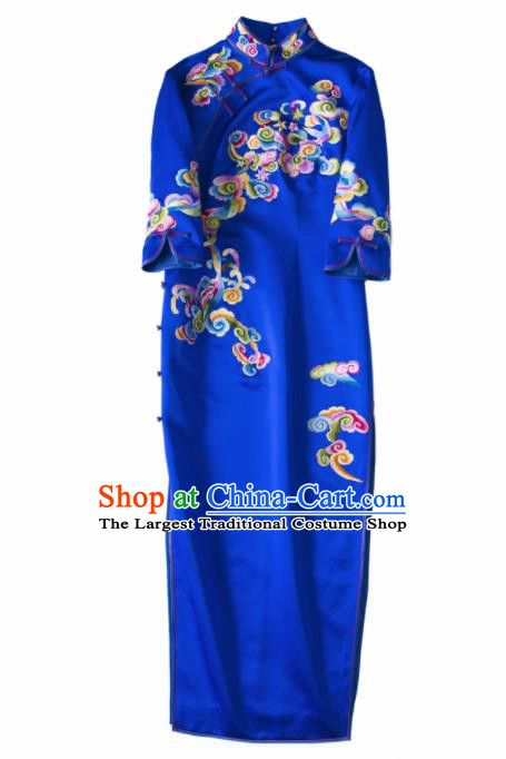 Chinese Traditional Costume National Cheongsam Embroidered Royalblue Silk Qipao Dress for Women