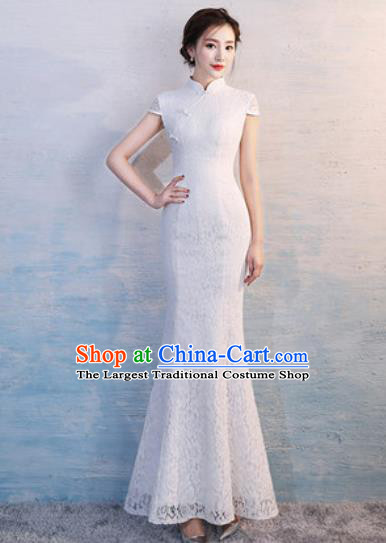 Chinese Traditional National Costume Classical Wedding Cheongsam White Lace Full Dress for Women