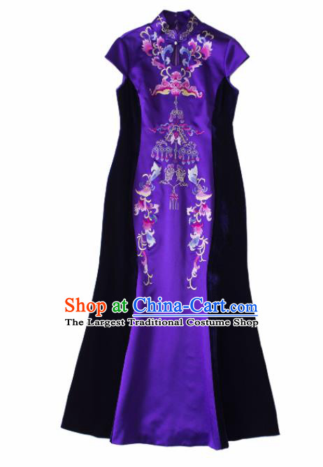 Chinese Traditional Costume National Cheongsam Embroidered Purple Qipao Dress for Women