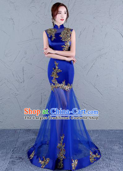 Chinese Traditional National Costume Classical Wedding Cheongsam Royalblue Veil Full Dress for Women