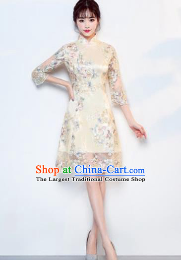 Chinese Traditional National Costume Classical Cheongsam Wedding Beige Full Dress for Women