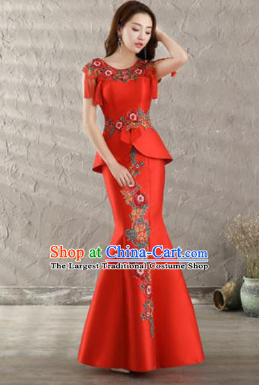 Chinese Traditional Wedding Costume Classical Embroidered Red Fishtail Full Dress for Women