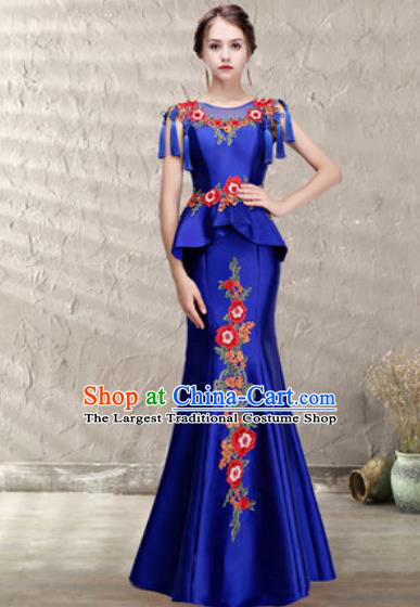 Chinese Traditional Wedding Costume Classical Embroidered Royalblue Fishtail Full Dress for Women