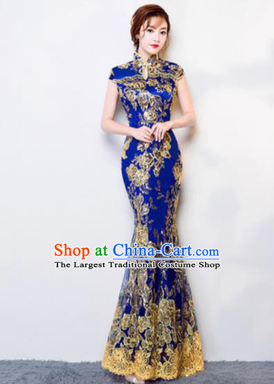 Chinese Traditional Wedding Costume Classical Embroidered Royalblue Lace Full Dress for Women