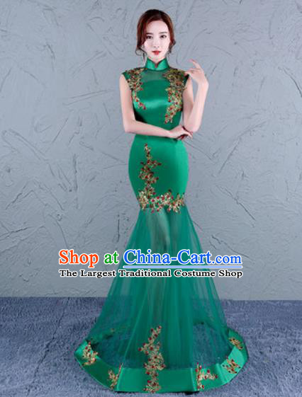 Chinese Traditional Wedding Costume Classical Embroidered Green Veil Full Dress for Women