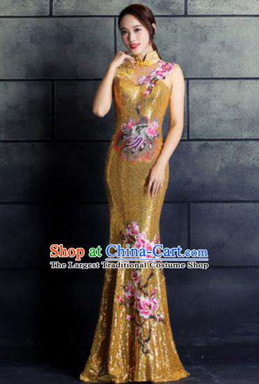 Chinese Traditional Wedding Costume Classical Embroidered Magnolia Golden Full Dress for Women