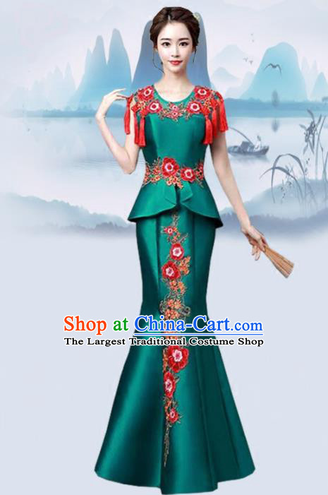 Chinese Traditional Wedding Costume Classical Embroidered Deep Green Full Dress for Women