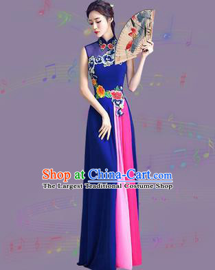 Chinese Traditional Cheongsam Costume Classical Embroidered Peony Royalblue Full Dress for Women