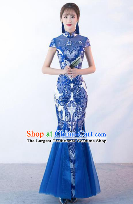 Chinese Traditional Cheongsam Costume Classical Embroidered Blue Veil Full Dress for Women