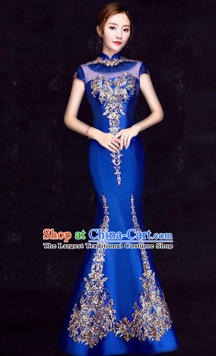 Chinese Traditional Fishtail Cheongsam Costume Classical Embroidered Royalblue Full Dress for Women