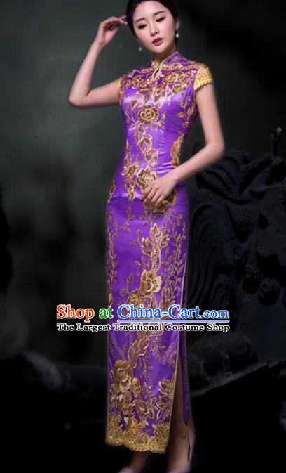 Chinese Traditional Embroidered Purple Cheongsam Costume Classical Full Dress for Women