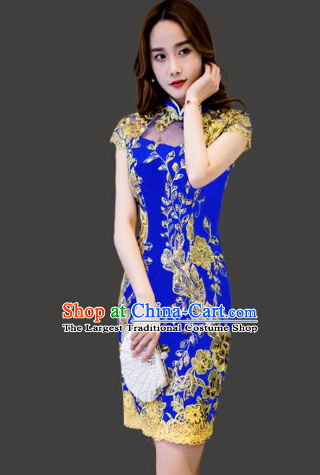 Chinese Traditional Blue Short Cheongsam Costume Classical Full Dress for Women