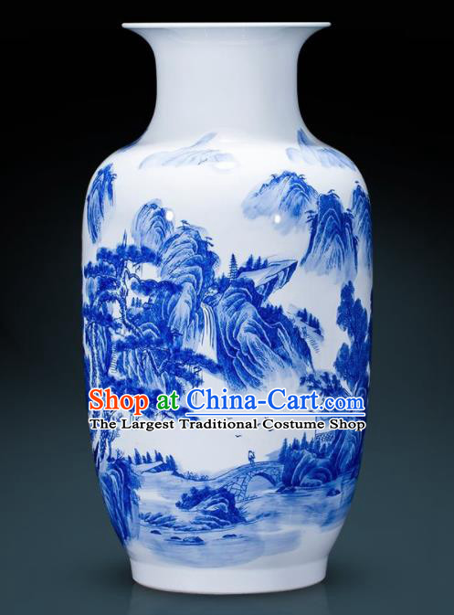 Chinese Jingdezhen Ceramic Landscape Painting Wax Gourd Vase Handicraft Traditional Blue and White Porcelain Vase