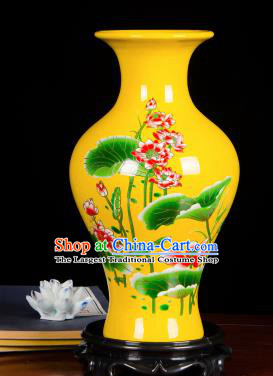 Chinese Jingdezhen Ceramic Craft Hand Painting Lotus Yellow Enamel Fishtail Vase Handicraft Traditional Porcelain Vase