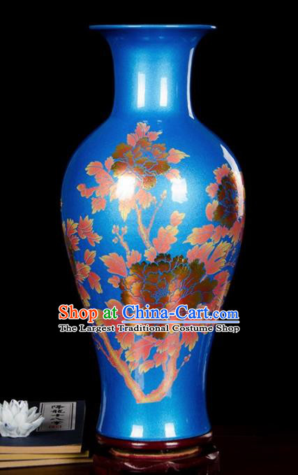 Chinese Jingdezhen Ceramic Craft Printing Peony Pattern Blue Enamel Vase Handicraft Traditional Porcelain Vase